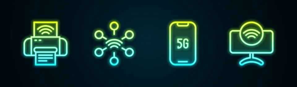 Set line Smart printer system, Network, Mobile with 5G and Tv. Glowing neon icon イラスト素材