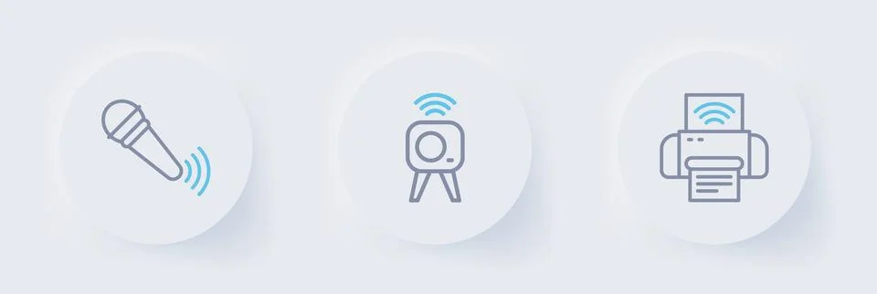 Set line Smart printer system, Web camera and Wireless microphone icon. Vecto 스톡 일러스트