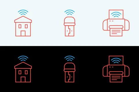 Set line Smart printer system, home with wi-fi and Usb wireless adapter ico.. イラスト素材