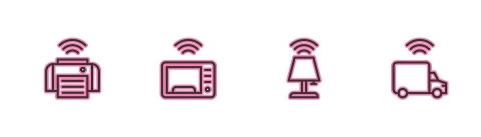 Set line Smart printer, table lamp, microwave oven and truck icon. Vector Stockillustratie