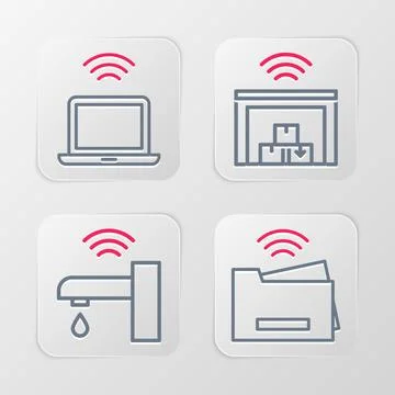 Set line Smart printer, water tap, warehouse and Wireless laptop icon. Vector Stock Illustration