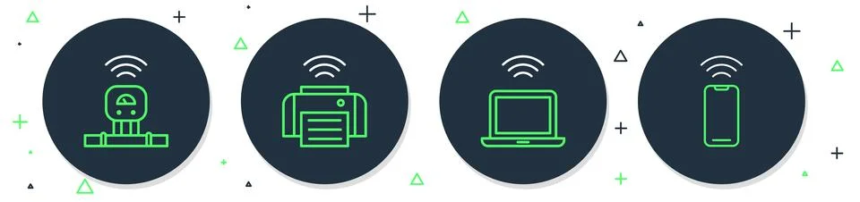 Set line Smart printer, Wireless laptop, sensor and smartphone icon. Vector 스톡 일러스트