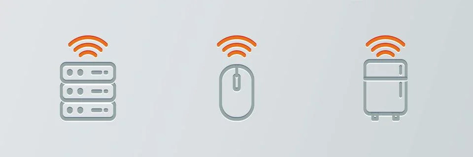 Set line Smart refrigerator, server and Wireless mouse icon. Vector Stock Illustration