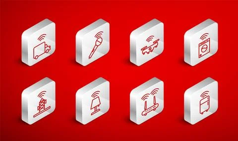 Set line Smart refrigerator, Wireless microphone, drone, washer, Router and.. Stock Illustration