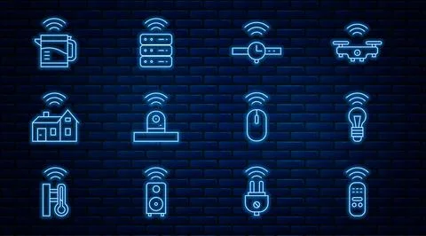 Set line Smart remote control, light bulb, Smartwatch, security camera, home Stock Illustration