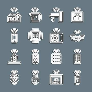 Set line Smart remote control, home with wireless, drone, water tap, Proces.. Stock Illustration