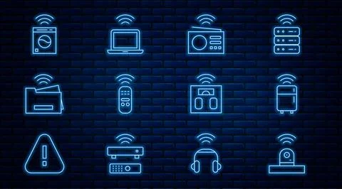 Set line Smart security camera, refrigerator, radio, remote control, printer Stock Illustration