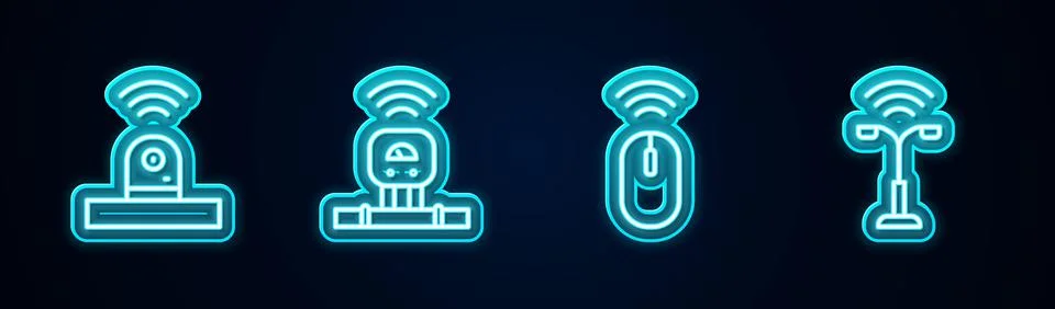 Set line Smart security camera, sensor, Wireless mouse and street light. Glowing Illustrazione stock