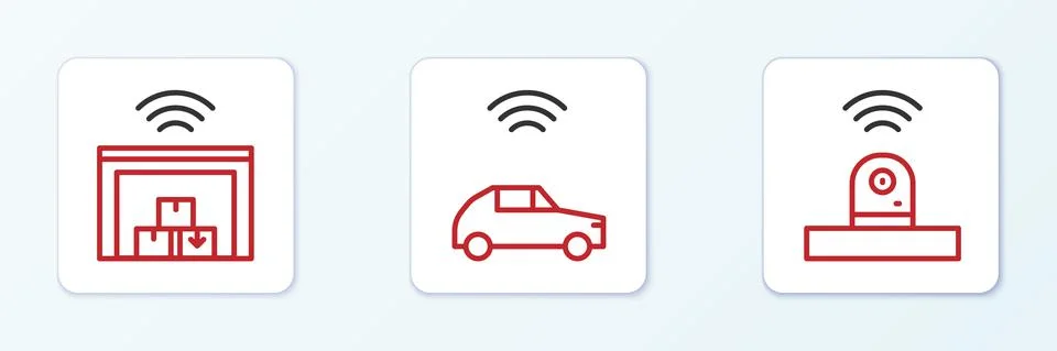 Set line Smart security camera, warehouse and car system with wireless icon Stock Illustration