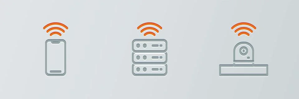 Set line Smart security camera, Wireless smartphone and server icon. Vector 스톡 일러스트