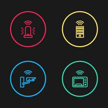 Set line Smart security camera, microwave oven, home with wireless and flasher Stock Illustration