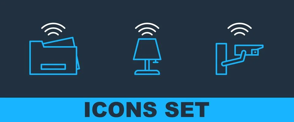 Set line Smart security camera, printer and table lamp icon. Vector Stock Illustration