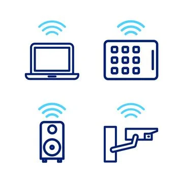 Set line Smart security camera, stereo speaker, Wireless tablet and laptop .. Illustrazione stock