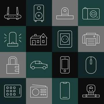 Set line Smart sensor, Computer mouse, Printer, Security camera, House, Flasher Stock Illustration