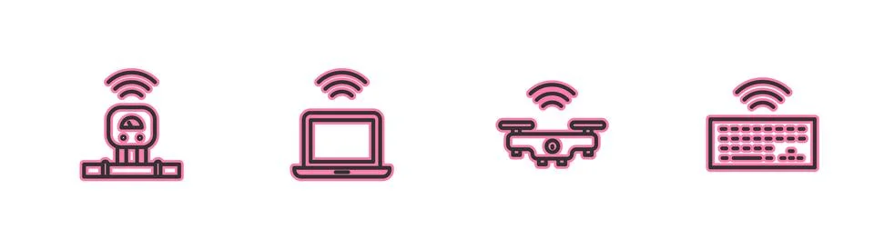 Set line Smart sensor, drone, Wireless laptop and keyboard icon. Vector Illustrazione stock