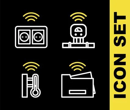 Set line Smart sensor, printer, thermometer and electrical outlet icon. Vector Illustrazione stock