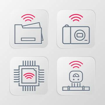 Set line Smart sensor, Processor with microcircuits CPU, photo camera and pri Stock Illustration