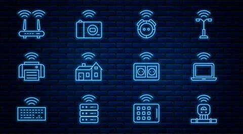Set line Smart sensor, Wireless laptop, Robot vacuum cleaner, home with wir.. Illustrazione stock