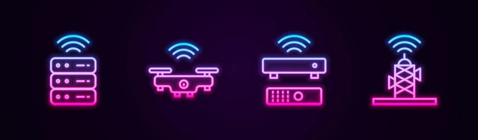 Set line Smart server, drone, Wireless TV box receiver and antenna. Glowing neon Stock Illustration