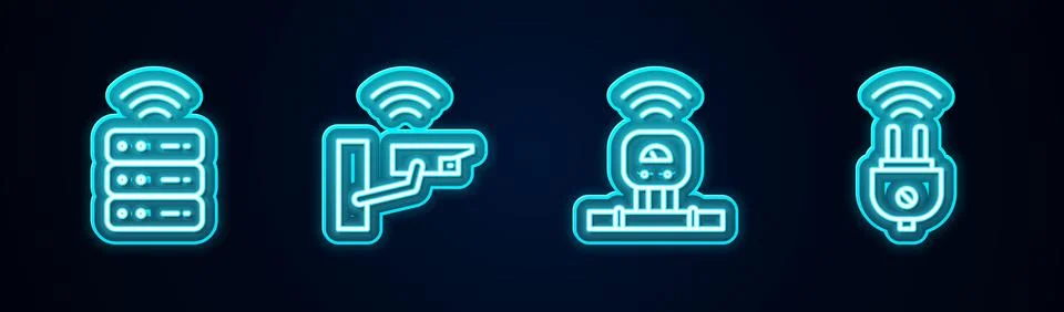 Set line Smart server, security camera, sensor and electric plug. Glowing n.. Stock Illustration