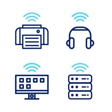 Set line Smart server, Tv system, headphones and printer icon. Vector Illustrazione stock