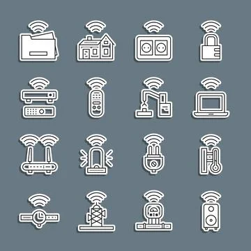 Set line Smart stereo speaker, thermometer, Wireless laptop, electrical outle Illustrazione stock