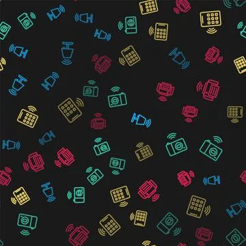 Set line Smart table lamp, photo camera, Wireless tablet and printer on seamless Stock Illustration