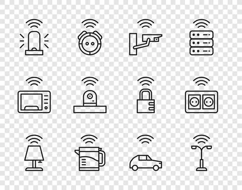 Set line Smart table lamp, street light, security camera, electric kettle Illustration