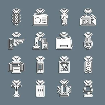 Set line Smart table lamp, stereo speaker, electric plug, light bulb, Robotic Stock Illustration