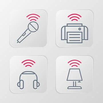 Set line Smart table lamp, headphones, printer and Wireless microphone icon Illustrazione stock