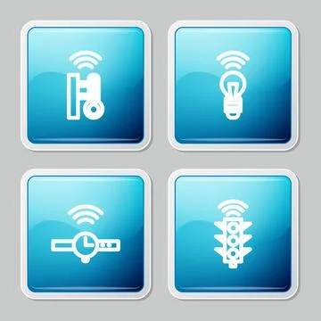 Set line Smart thermometer, light bulb, Smartwatch and traffic icon. Vector Stock Illustration