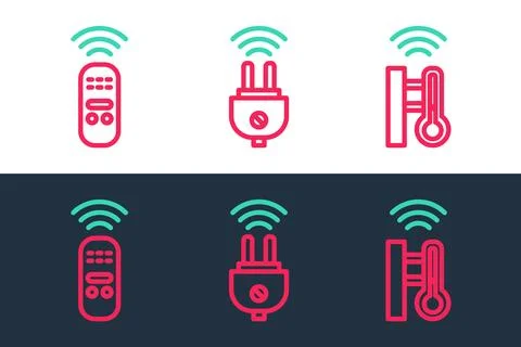 Set line Smart thermometer, remote control and electric plug icon. Vector 스톡 일러스트