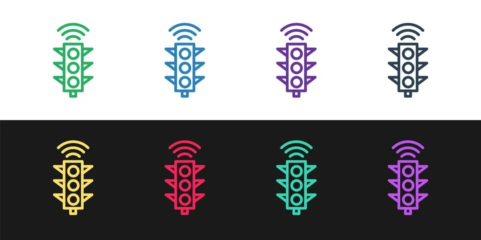 Set line Smart traffic light system icon isolated on black and white background Stock Illustration