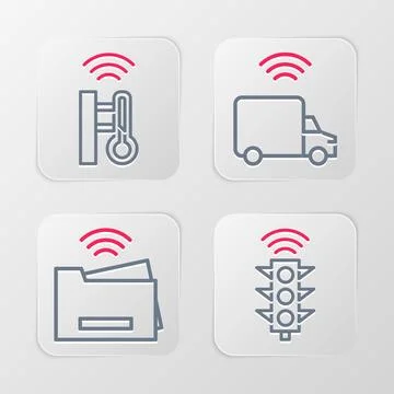 Set line Smart traffic light, printer, truck and thermometer icon. Vector Stock Illustration