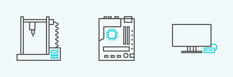 Set line Smart Tv, 3D printer and Motherboard icon. Vector Stockillustratie