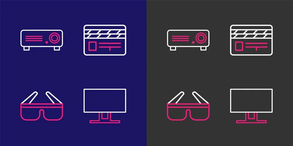Set line Smart Tv, 3D cinema glasses, Movie clapper and Movie, film, media .. Stock Illustration