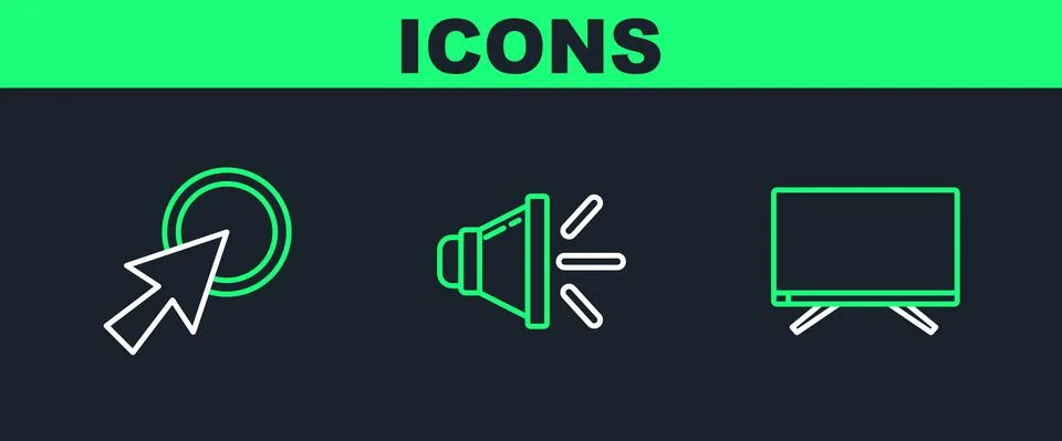 Set line Smart Tv, Arrow cursor and Speaker volume icon. Vector Illustrazione stock