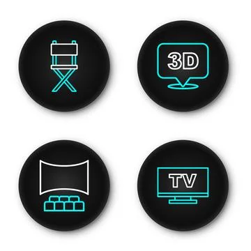 Set line Smart Tv, Cinema auditorium with screen, 3D word and Director movi.. Stock Illustration