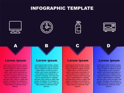 Set line Smart Tv, Clock, Antibacterial soap and Microwave oven. Business Illustrazione stock