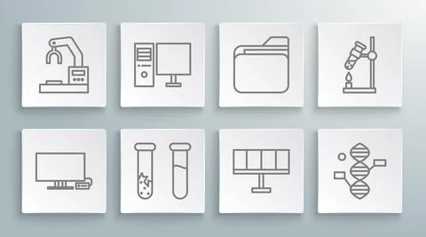 Set line Smart Tv, Computer monitor, Test tube and flask, Solar energy panel Illustrazione stock