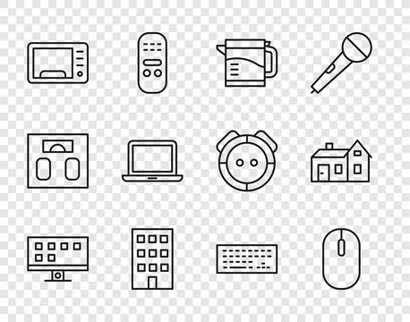 Set line Smart Tv, Computer mouse, Electric kettle, House, Microwave oven, .. Stock Illustration