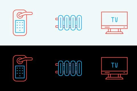 Set line Smart Tv, Digital door lock and Heating radiator icon. Vector Illustration