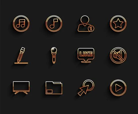 Set line Smart Tv, Document folder, Music note, tone, Arrow cursor, Play in Stock Illustration