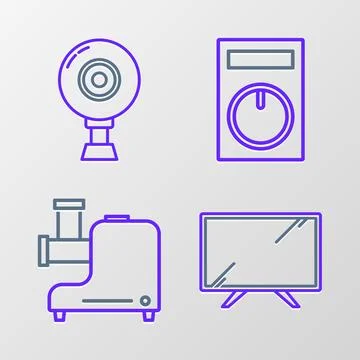 Set line Smart Tv, Kitchen meat grinder, Remote control and Web camera icon Stock Illustration