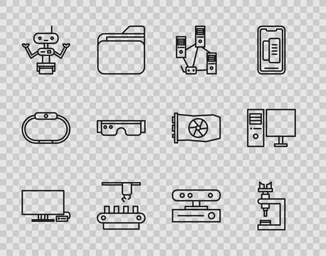 Set line Smart Tv, Microscope, Computer network, Factory conveyor system belt 스톡 일러스트
