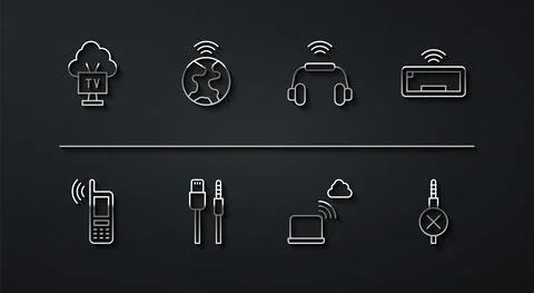 Set line Smart Tv, Mobile with wi-fi wireless, Computer keyboard, Network cloud Stock Illustration