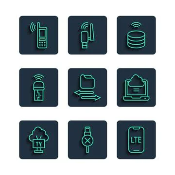 Set line Smart Tv, No usb cable cord, LTE network, data server, Transfer files Stock Illustration