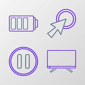 Set line Smart Tv, Pause button, Arrow cursor and Battery charge level indi.. Stock Illustration