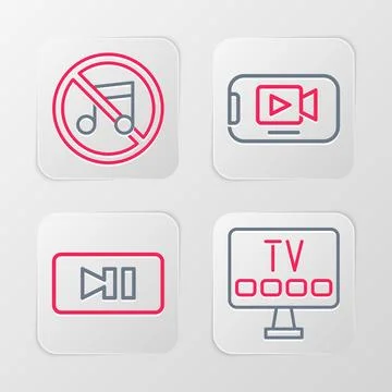 Set line Smart Tv, Pause button, Online play video and Speaker mute icon. V.. Illustrazione stock