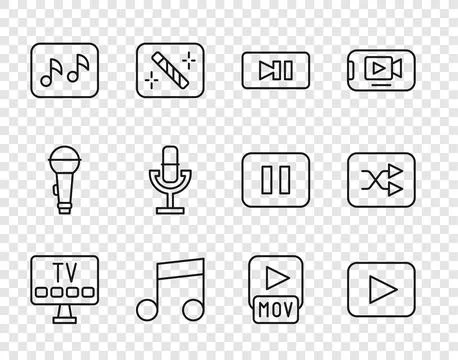 Set line Smart Tv, Play button, Pause, Music note, tone, Microphone, MOV fi.. Illustrazione stock